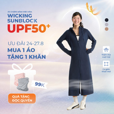 Áo khoác chống nắng nữ dáng dài có mũ xẻ tà thắt eo chống 97% tia UV CANIFA PS 6OT26S004