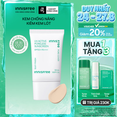 Kem chống nắng kem lót làm mịn lỗ chân lông innisfree UV Active Poreless Sunscreen SPF50+ PA++++ 50 mL