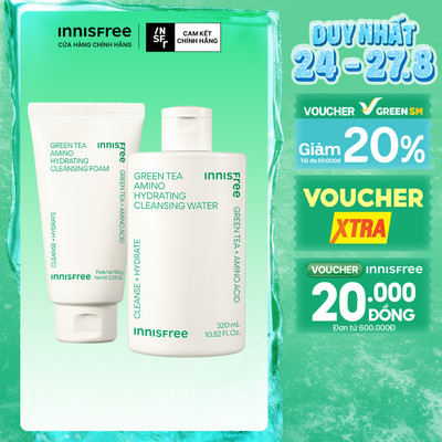 [SVIP] Bộ đôi làm sạch nước tẩy trang dưỡng ẩm Innisfree Green Tea Amino 320ml và Sữa rửa mặt Green Tea Foam 150g