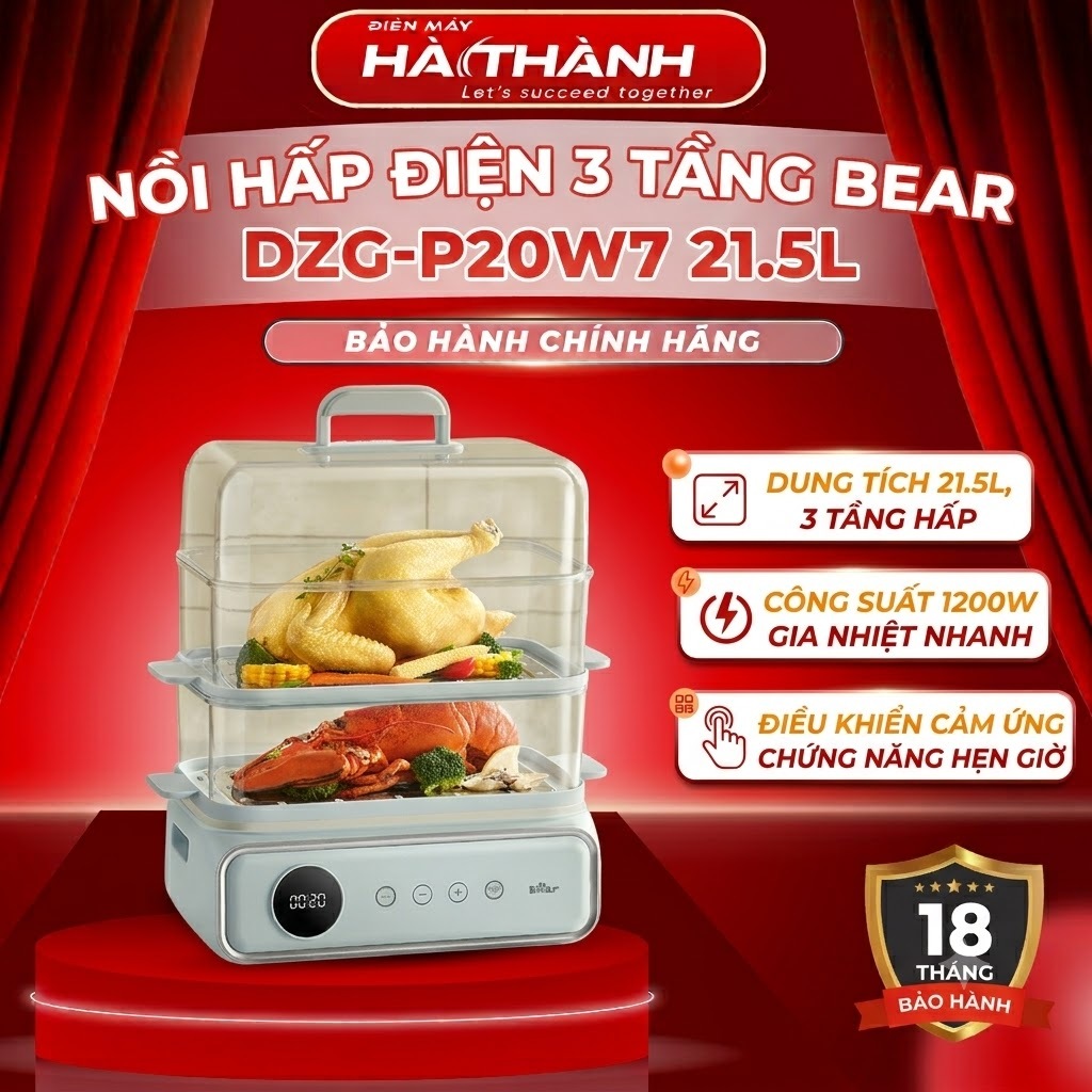 Nồi Hấp Điện 3 Tầng Bear DZG-P20W7, 21Lit - 1200w, Chiên Nướng Hấp Đa Năng, Bảo Hành 18 Tháng