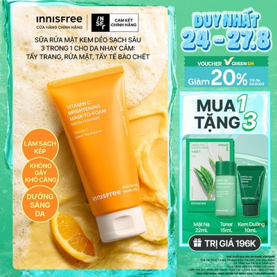 Sữa rửa mặt kem dẻo sạch sâu sáng da dịu nhẹ INNISFREE Vitamin C Brightening Mask-To-Foam Facial Cleanser 120g