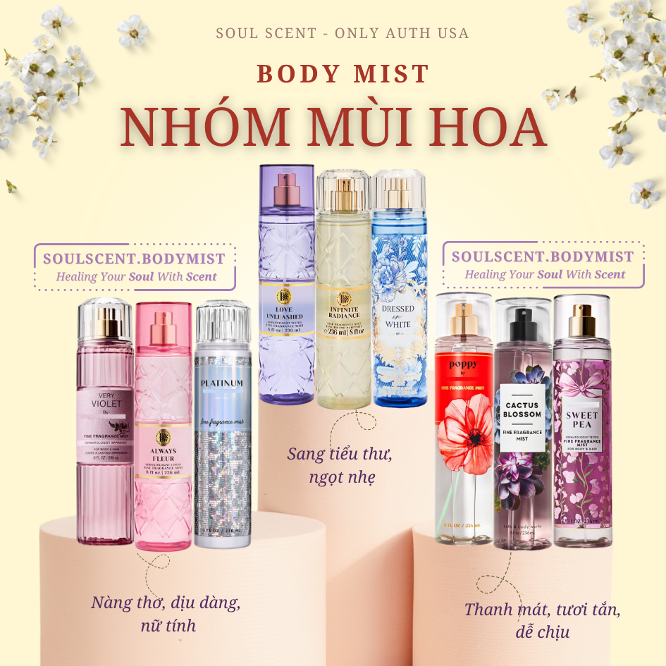 [Mùi HOA] Tổng hợp Xịt Thơm Body mist NHẸ NHÀNG, THANH LỊCH BBW | Soul Scent Bill Mỹ
