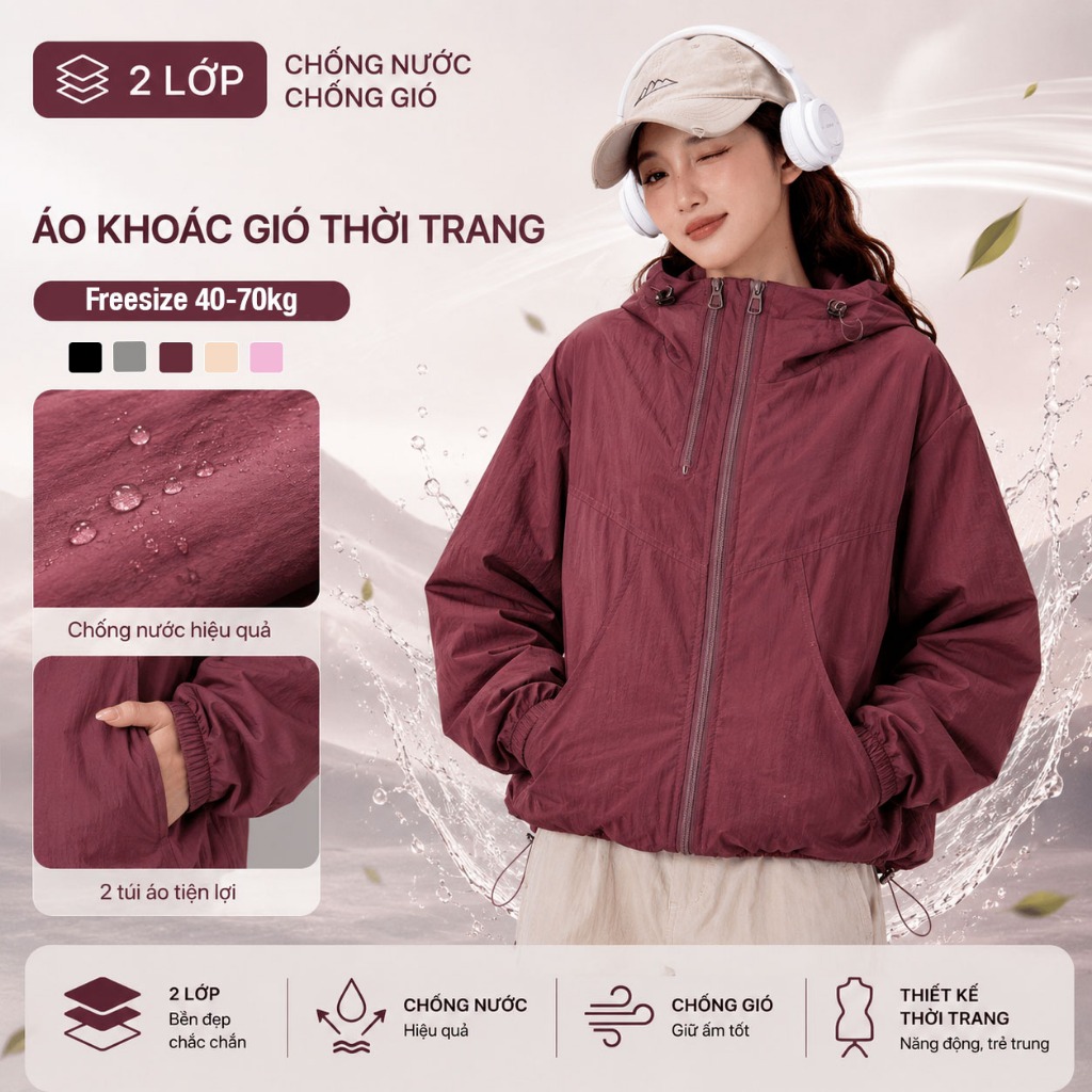 Áo Gió Nữ 2 Lớp Cao Cấp Chất Dù Nhăn Chống Gió Chống Nước Thiết Kế Bo Chun Tiện Lợi Phù Hợp Hoạt Động Ngoài Trời