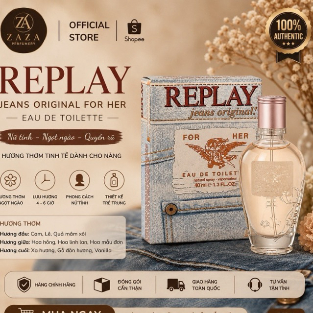 Nước Hoa Nữ Replay Jeans Original For Her EDT 40ml – Hương Thơm Nữ Tính, Ngọt Ngào, Quyến Rũ