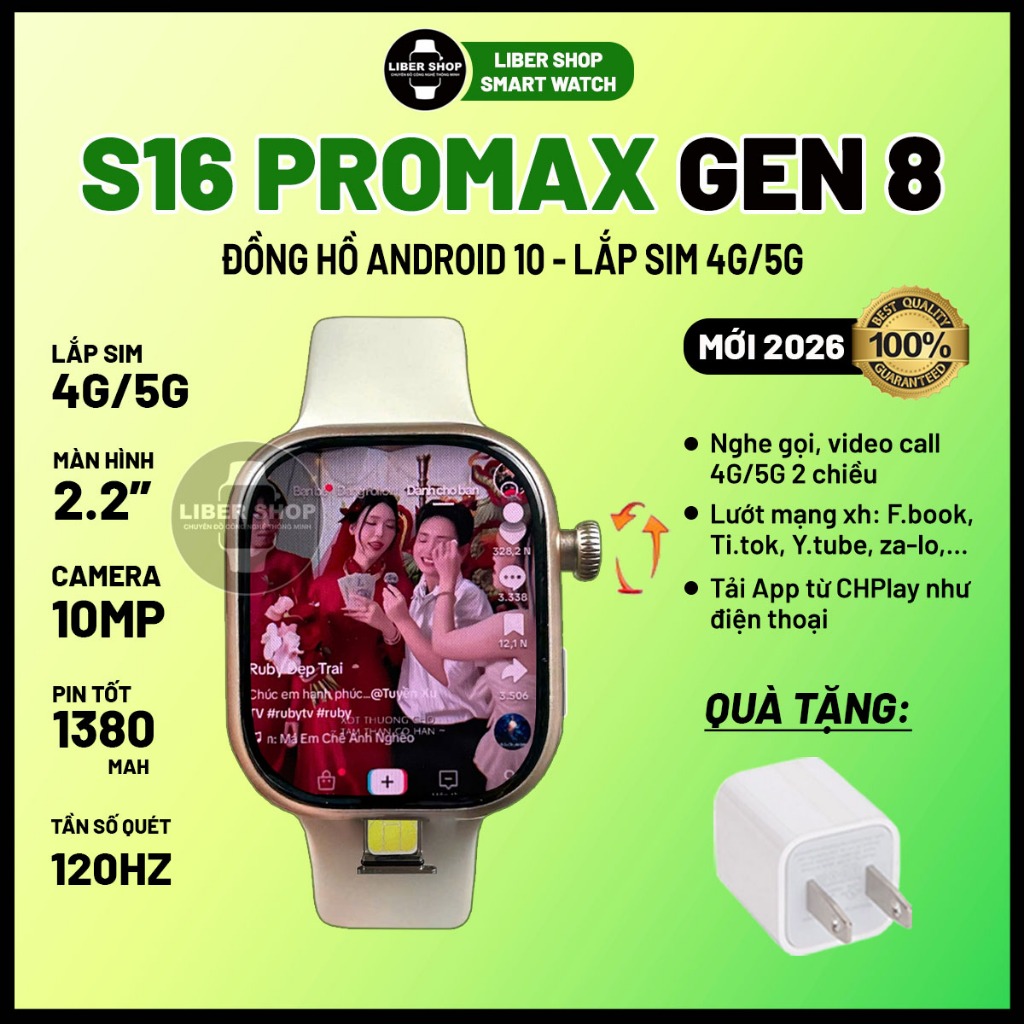 Đồng Hồ S16 Promax Gen 8 Lắp Sim 5G, 2.2", 120HZ, Wifi, Lướt Mạng Xã Hội, Tải App CHplay, Android 10