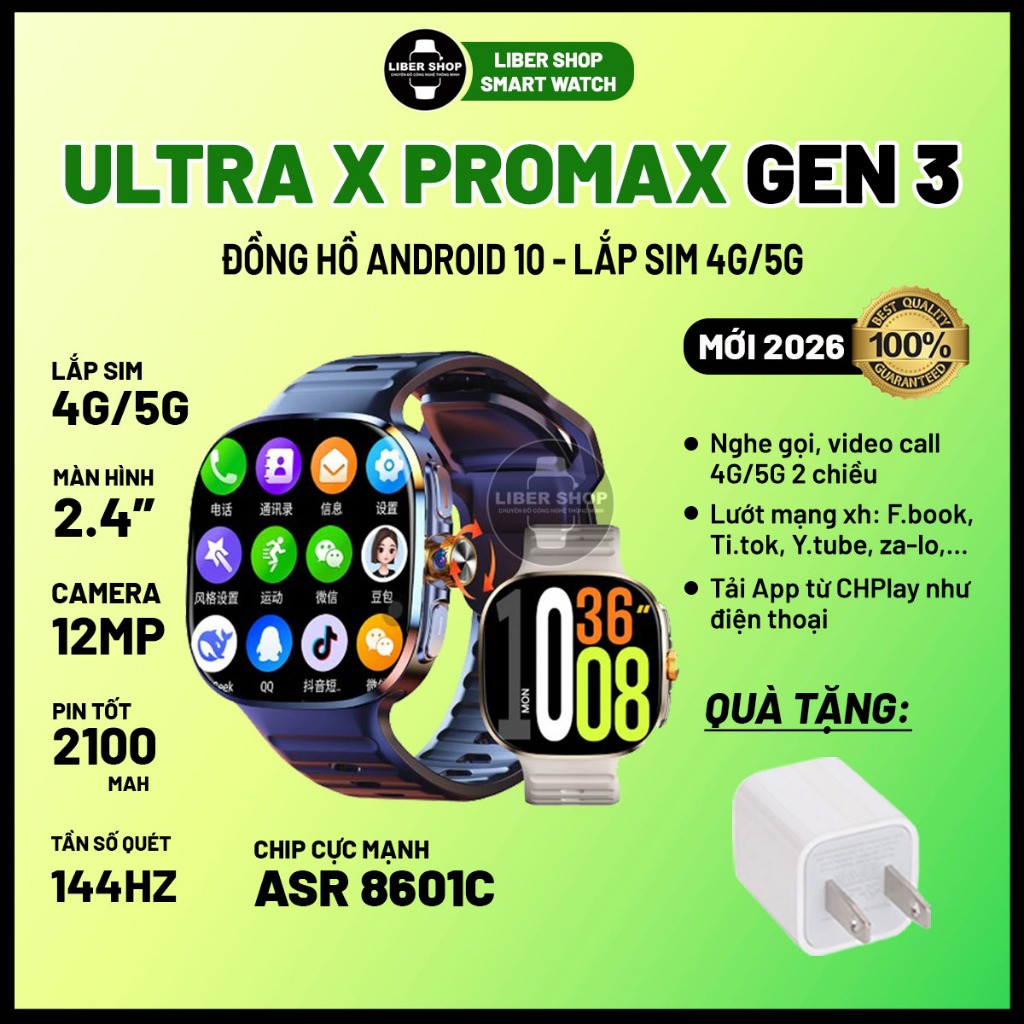 Đồng Hồ Thông Minh Ultra X Promax Gen3 2.4" 144hz Lắp Sim 5G, Lướt MXH, Xem Phim, Game, Android 10, 