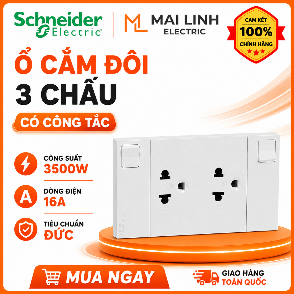 [Chính Hãng] Ổ cắm đôi 3 chấu Có công tắc bật tắc ổ cắm Schneider M3T_SIS_WE - 16A 3500W -Tiêu chuẩn