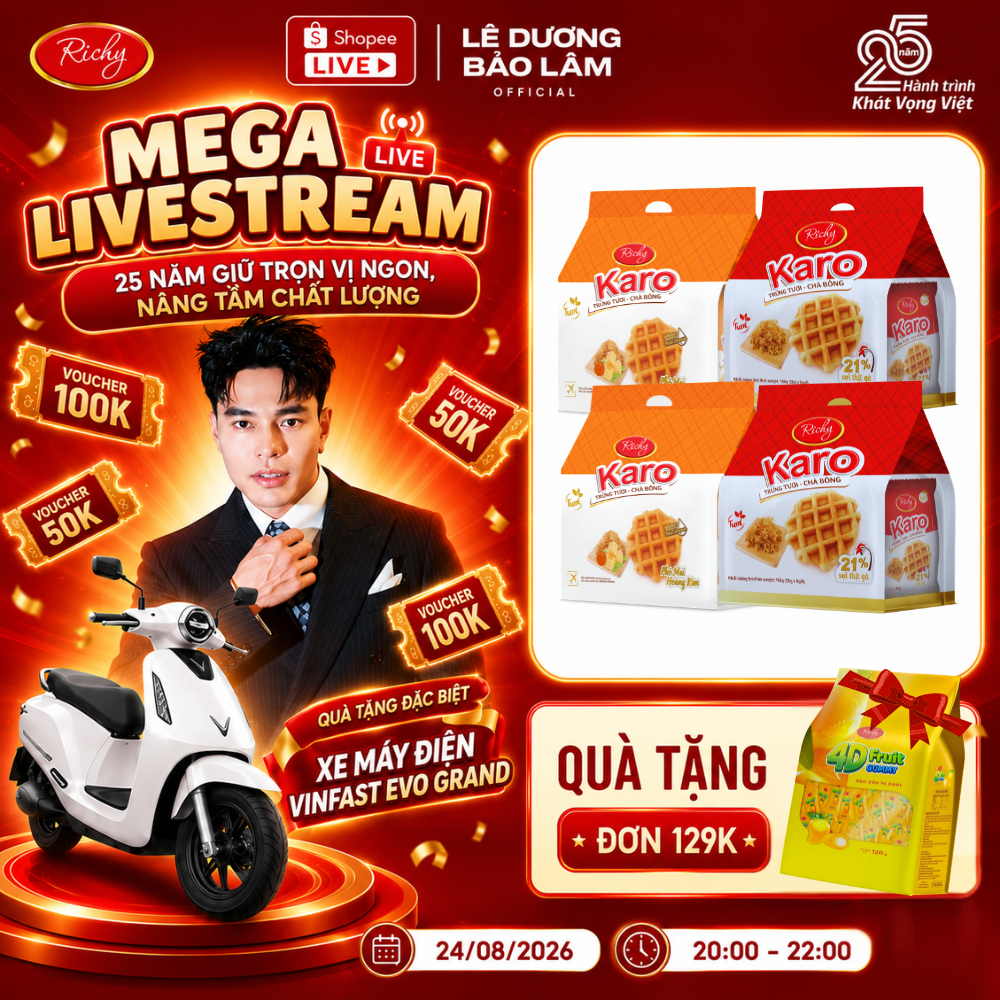 [LIVE LDBL 20H 24/08][HỎA TỐC HN-Quà Tặng Đơn 129k] Combo 4 Túi-Tổng 24 chiếc Bánh Tươi Richy KARO (26g * 6 chiếc/ túi)
