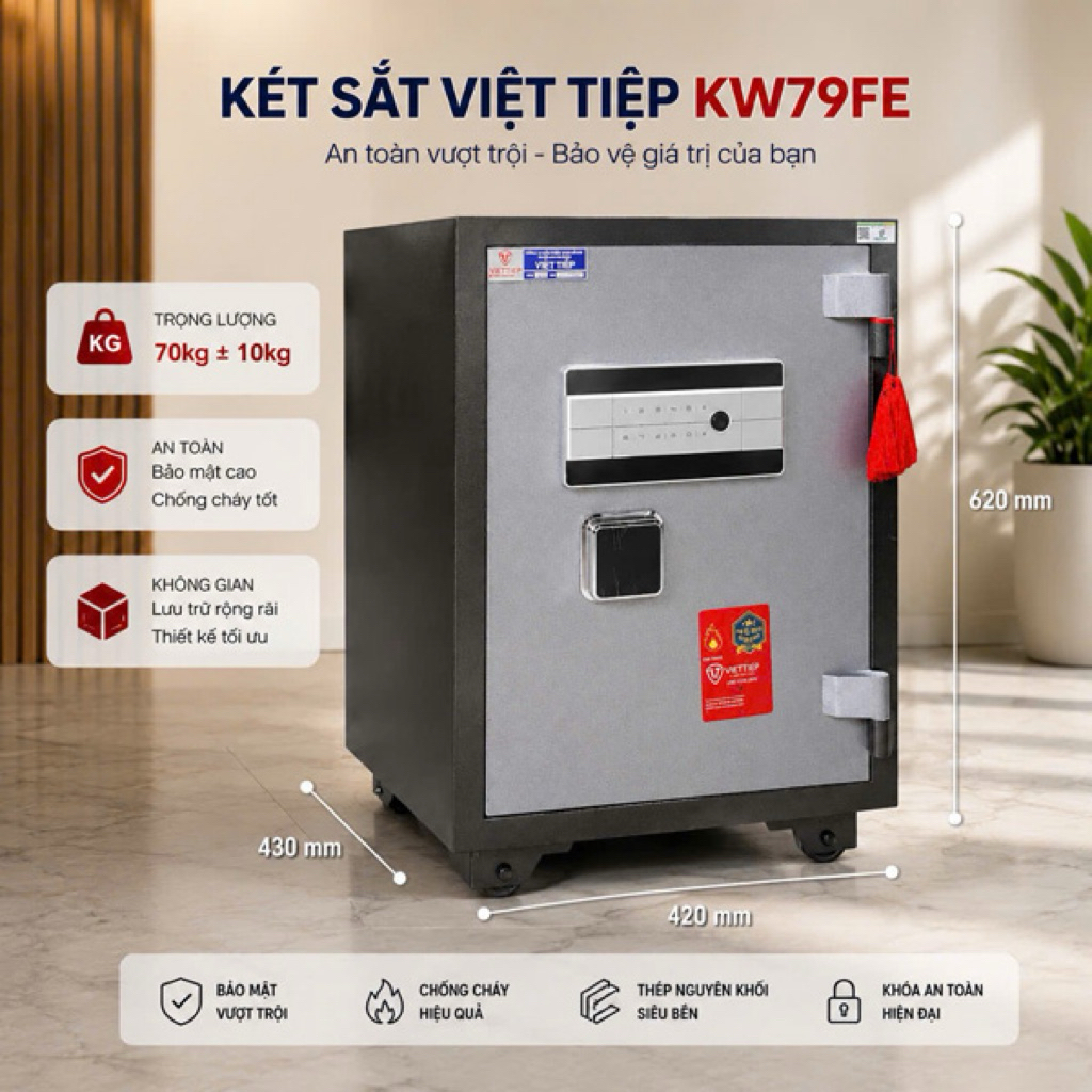 Két sắt Việt Tiệp KW79FE 70kg thông minh báo động điện thoại m cao 62cm rộng 42 sâu 40 cm