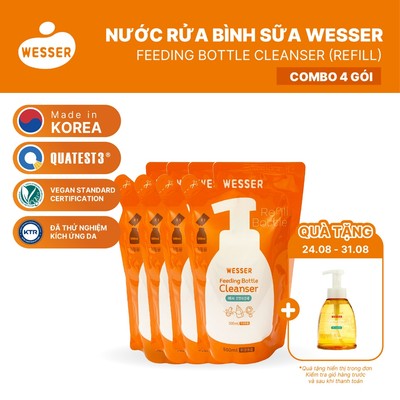 COMBO 4 GÓI Nước rửa bình sữa thuần chay cho bé Wesser gói 500ml (Nhập khẩu Hàn Quốc) an toàn rửa rau củ và đồ chơi