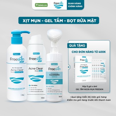 Combo DA MỤN - Xịt mụn 80ml & Gel tắm ngừa mụn 250g & Bọt rửa mặt ngừa mụn 120ml Novocare - Freeskin