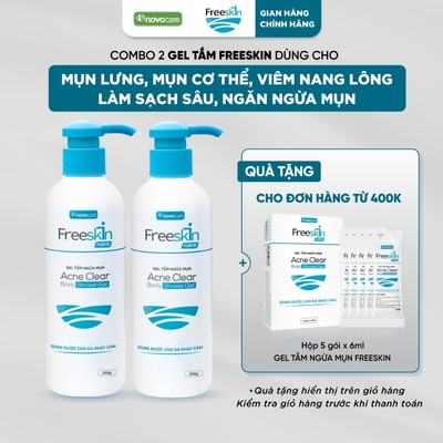 Set 2 Gel tắm mụn lưng, viêm nang lông, dày sừng nang lông Freeskin - Novocare Acne Clear Body Shower Gel 250g