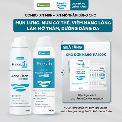 Combo Xịt mụn lưng, viêm nang lông & Xịt mờ thâm mụn lưng Novocare - Freeskin hỗ trợ giảm mụn, giảm thâm, dưỡng sáng da