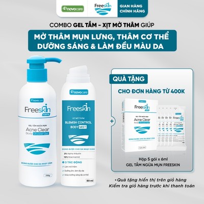 Combo Gel tắm ngừa mụn & Xịt mờ thâm Novocare -Freeskin hỗ trợ giảm mụn lưng, giảm thâm, dưỡng sáng da và làm đều màu da