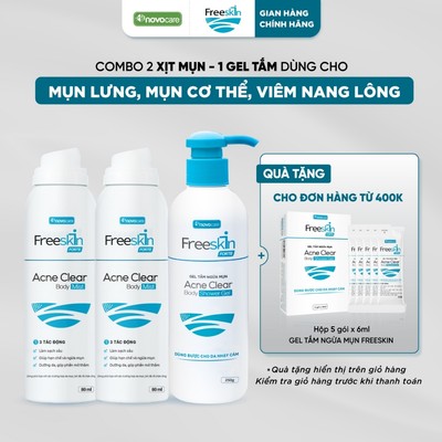 Combo 2 Xịt mụn lưng & 1 Gel tắm Freeskin - Novocare hỗ trợ giảm mụn toàn thân, viêm nang lông, mờ thâm, dưỡng sáng da
