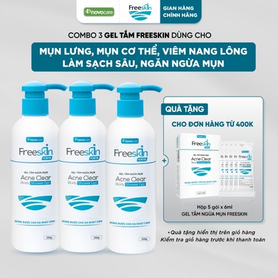 Set 3 Gel tắm mụn lưng, viêm nang lông, dày sừng nang lông Freeskin - Novocare Acne Clear Body Shower Gel 250g