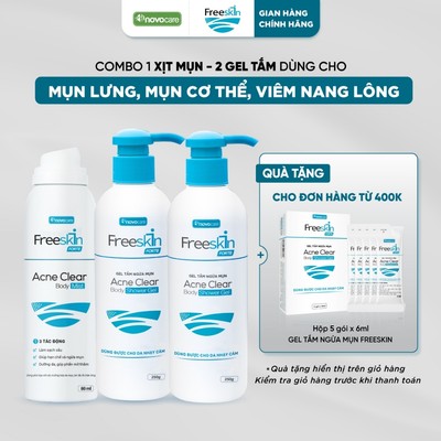 Combo 1 Xịt mụn lưng & 2 Gel tắm Freeskin - Novocare hỗ trợ giảm mụn cơ thể, viêm nang lông, mờ thâm, dưỡng sáng da