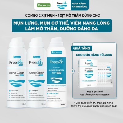 Combo 2 Xịt mụn Acne Clear Body Mist 80ml & 1 Xịt mờ thâm Blemish Control Body Mist 80ml Novocare - Freeskin