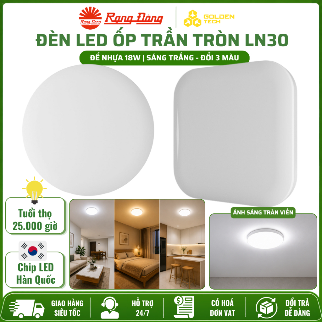 Đèn LED ốp trần tròn, vuông đế nhựa 18W Ánh sáng trắng, đổi 3 màu Rạng Đông LN30N