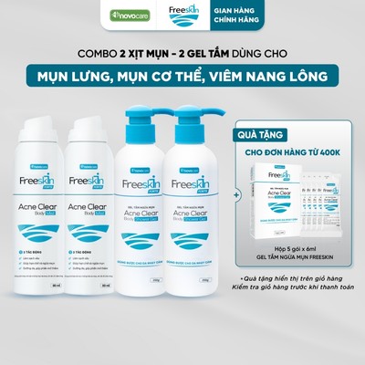 Combo 2 Xịt mụn lưng & 2 Gel tắm Freeskin - Novocare hỗ trợ giảm mụn toàn thân, viêm nang lông, mờ thâm, dưỡng sáng da