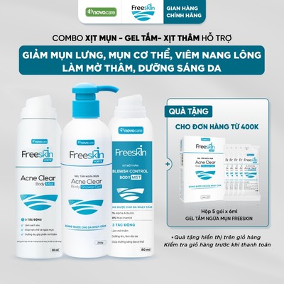 Combo Xịt mụn 80ml & Gel tắm ngừa mụn lưng, viêm nang lông 250g & Xịt mờ thâm 80ml Novocare - Freeskin