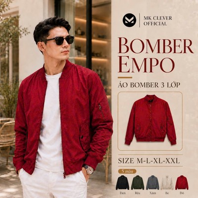Áo Khoác Nam Bomber MK CLEVER Empo Chất liệu vải Gió trần bông dày dặn, cản gió tốt, trẻ trung