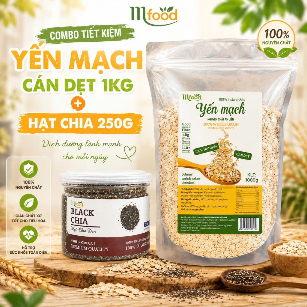Combo 1kg  Yến Mạch Cán Dẹt Và Hạt Chia 250g - Bộ Đôi Dinh Dưỡng Từ Mfood