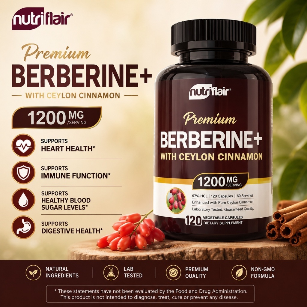 【Nhập khẩu từ Mỹ】Viên Uống Nutriflair Premium Berberine+ With Ceylon Cinnamon 1200mg 120 Viên