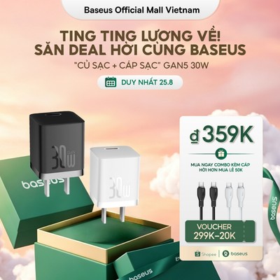 Củ Sạc Baseus 30W GaN5 Hỗ Trợ Sạc Nhanh PD QC PPS với Cáp Type C cho phone kèm dây 30W