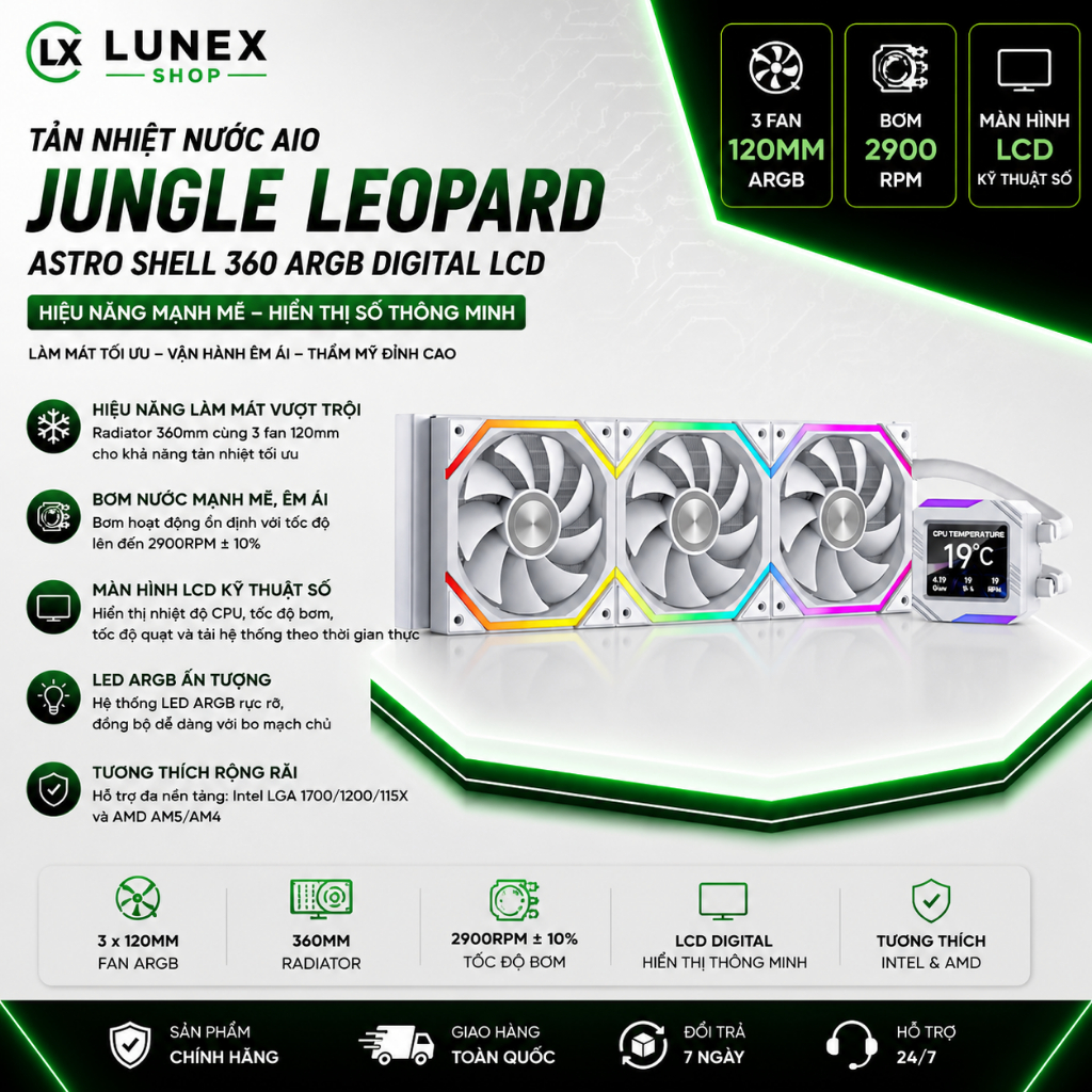 TẢN NHIỆT NƯỚC AIO JUNGLE LEOPARD ASTRO SHELL 360 ARGB DIGITAL LCD – RAD 360MM, 3 FAN 120MM CHO PC G