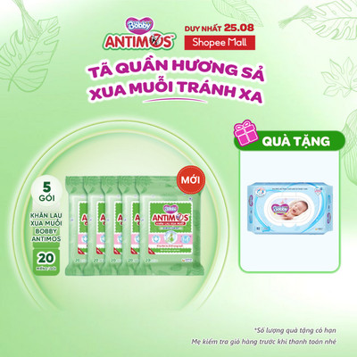 [V] - [MỚI] Bộ 5 gói khăn lau xua muỗi Bobby Antimos 20 miếng