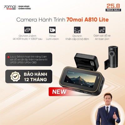 Camera hành trình 70mai 4K A810 Lite Thiết kế tối giản, Ghi hình kép, Siêu tụ điện Tích hợp GPS & Điều khiển giọng nói
