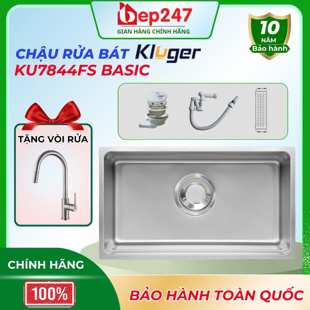 Chậu Rửa Bát Kluger KU7844FS Basic 1 Hố Inox POSCO 304 Bề Mặt Linen Chống Xước 780mm Chính Hãng