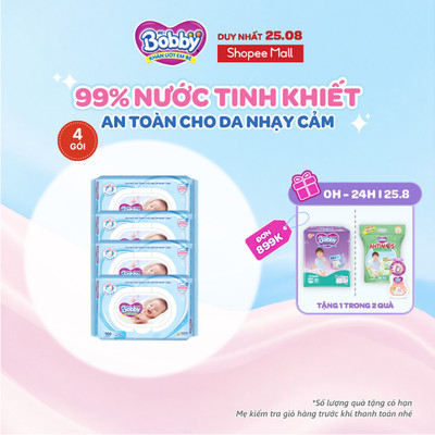 Bộ 4 gói Khăn ướt Bobby không mùi 100 tờ/gói (Xanh)