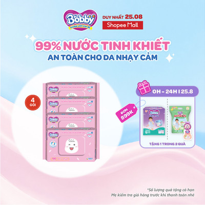Bộ 4 gói Khăn ướt Bobby Care hương thơm nhẹ nhàng 100 tờ/gói (Hồng)