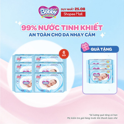 Bộ 6 gói Khăn ướt Bobby không mùi 100 tờ/gói (Xanh)