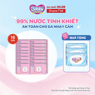 Thùng 16 Gói Khăn ướt Bobby Care hương thơm nhẹ nhàng 100 miếng/gói (Hồng)