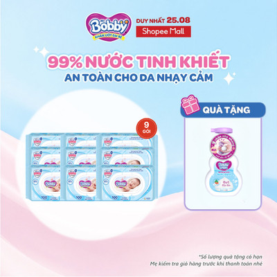 Combo 9 gói khăn ướt Bobby Care không hương 100 miếng/gói