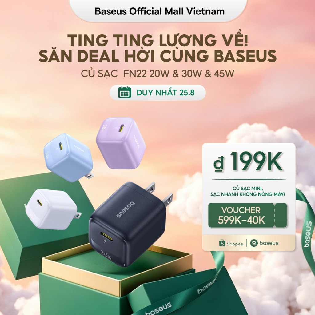 Củ Sạc Nhanh Baseus EnerFill FN22 20W & 30W & 45W GaN USB-C PD 3.0 – Nhỏ Hơn 30%, Sạc Nhanh Gấp 176% Vẫn Mát Lạnh