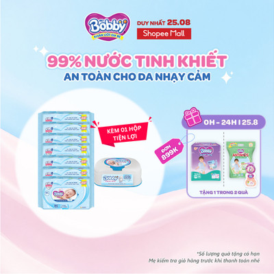 Combo 7 Gói Khăn ướt Bobby không mùi 80 miếng và 1 hộp khăn ướt tiện lợi