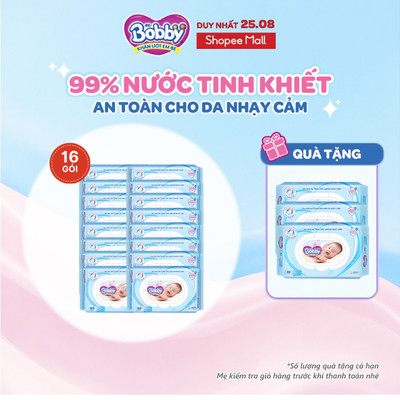 Thùng 16 Gói Khăn ướt Bobby không mùi 100 miếng/gói (Xanh)