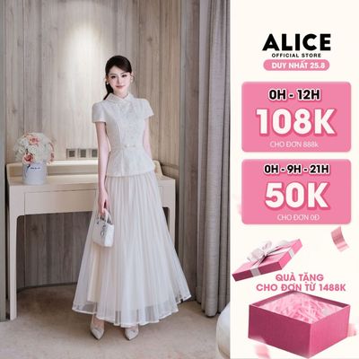 Set Váy Tiểu Thư Alice Áo Ren Dáng Peplum Cổ Sen Đai Eo Nơ Phối Chân Váy Lưới Xòe Maxi Cao Cấp S1082