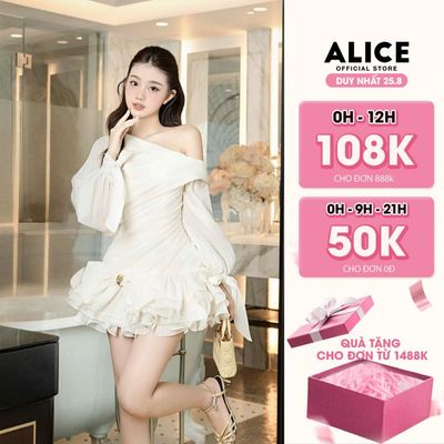 Váy Nữ Dự Tiệc Chất Tơ Óng Alice Lót Lụa, Đầm Ngắn Dáng Xòe Lệch Vai Tay Bồng Dài Buộc Nơ Hông V1403