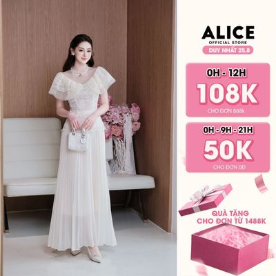 Set Váy Công Sở Cao Cấp Alice, Áo Ren Hàn Phối Lưới Cổ Bèo Phối Chân Váy Dập Li Quạt Dáng Dài Xòe S1114