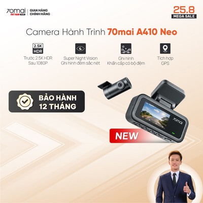 Camera hành trình 70mai A410 NEO 2.5K HDR ghi hình 2 mắt trước sau sắc nét, giám sát đỗ xe 24h