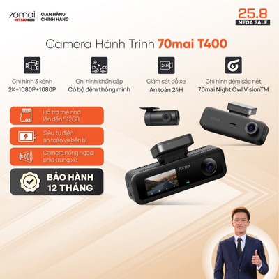 Camera Hành Trình 70mai T400 Ghi Hình 2.5K, 3 Kênh Trước Sau Và Trong Xe, Giám sát đỗ xe 24h