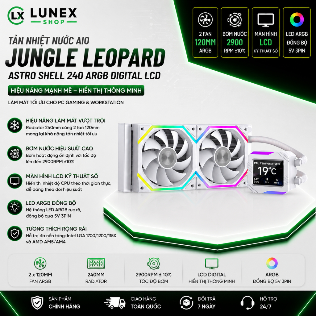 TẢN NHIỆT NƯỚC AIO JUNGLE LEOPARD ASTRO SHELL 240 ARGB DIGITAL LCD – RAD 240MM, 2 FAN 120MM CHO PC G