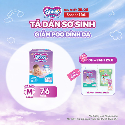 Tã dán Bobby S80/M76/L68/XL62/XXL56 mới- Lõi nén cotton-soft 3mm:S80