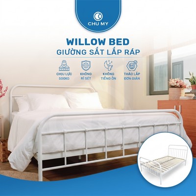 Giường Khung Sắt WILLOW CHU MY Cao Cấp Sơn Tĩnh Điện – Giường Sắt Decor Hiện Đại Chịu Lực 500kg Nan Gỗ (Màu Trắng)