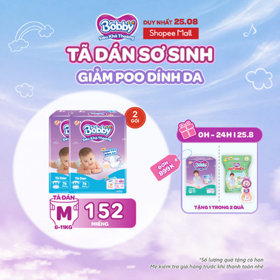 Combo 2 tã dán Bobby S80/M76/L68/XL62/XXL56 mới- Lõi nén cotton-soft 3mm